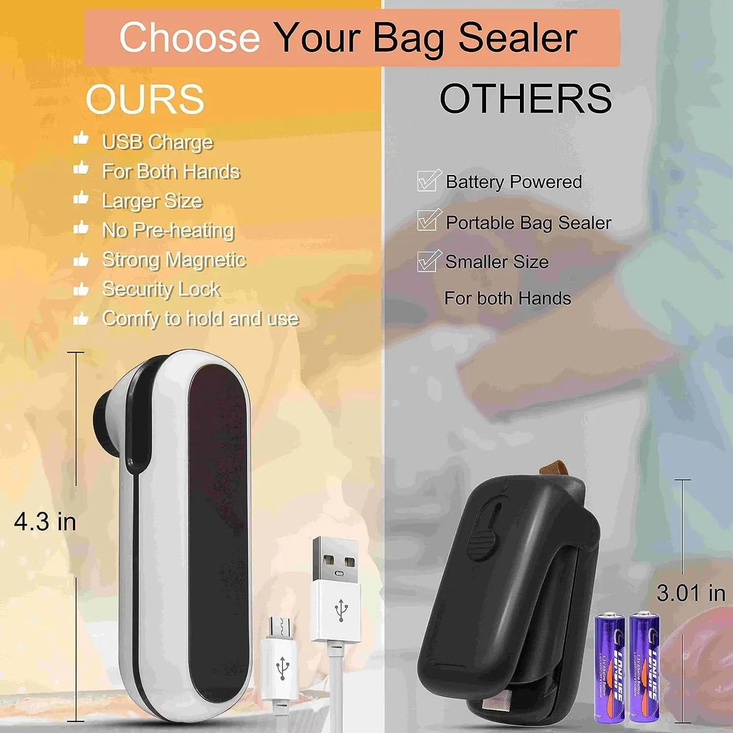 USB rechargeable mini bag sealer with included cable and instruction manual