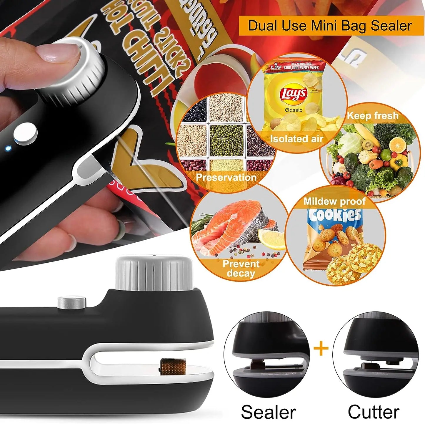 Portable handheld bag sealer clip keeping food fresh, ideal for chips and cookies