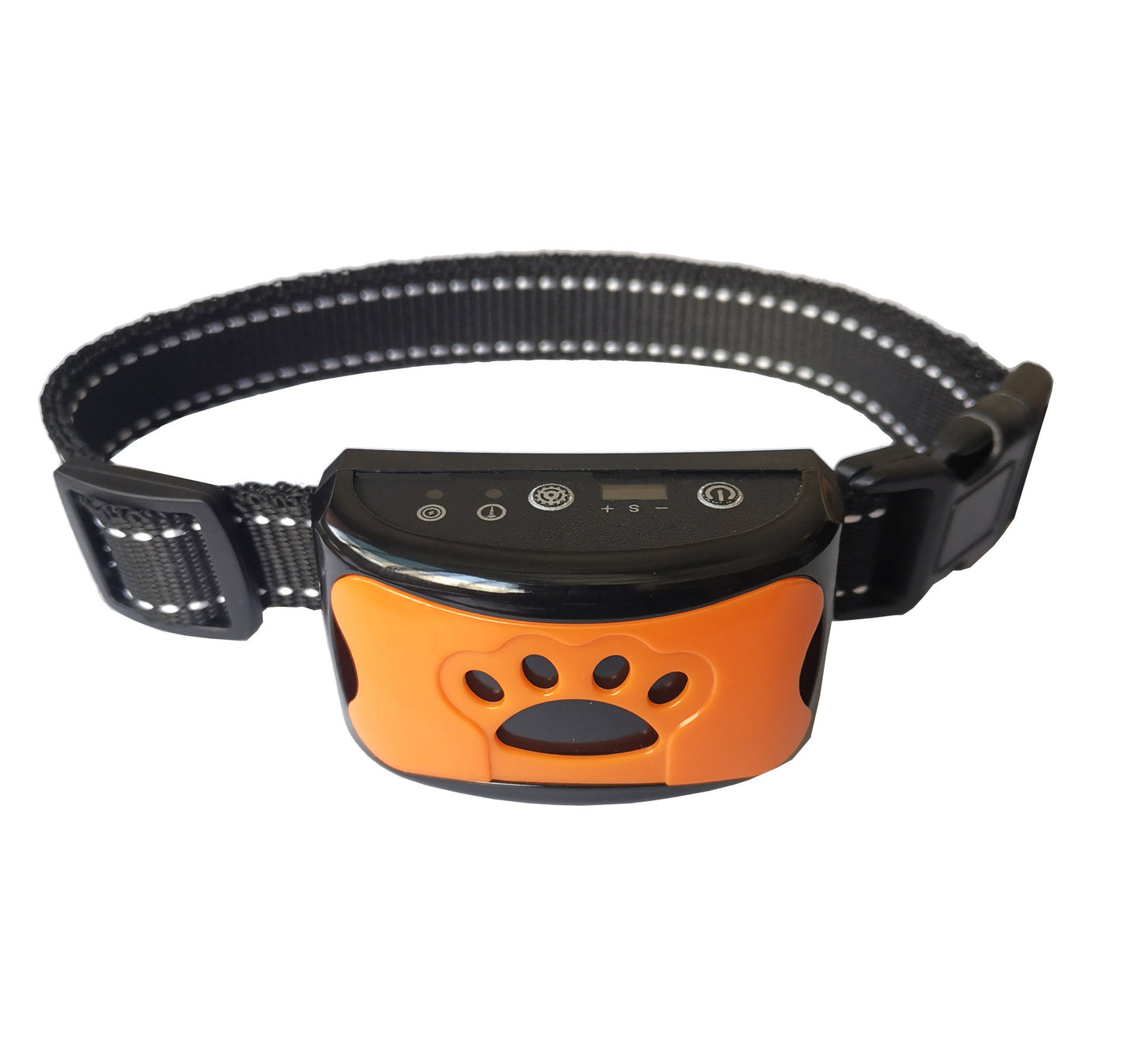 orange dog collar with electronic device on a white background