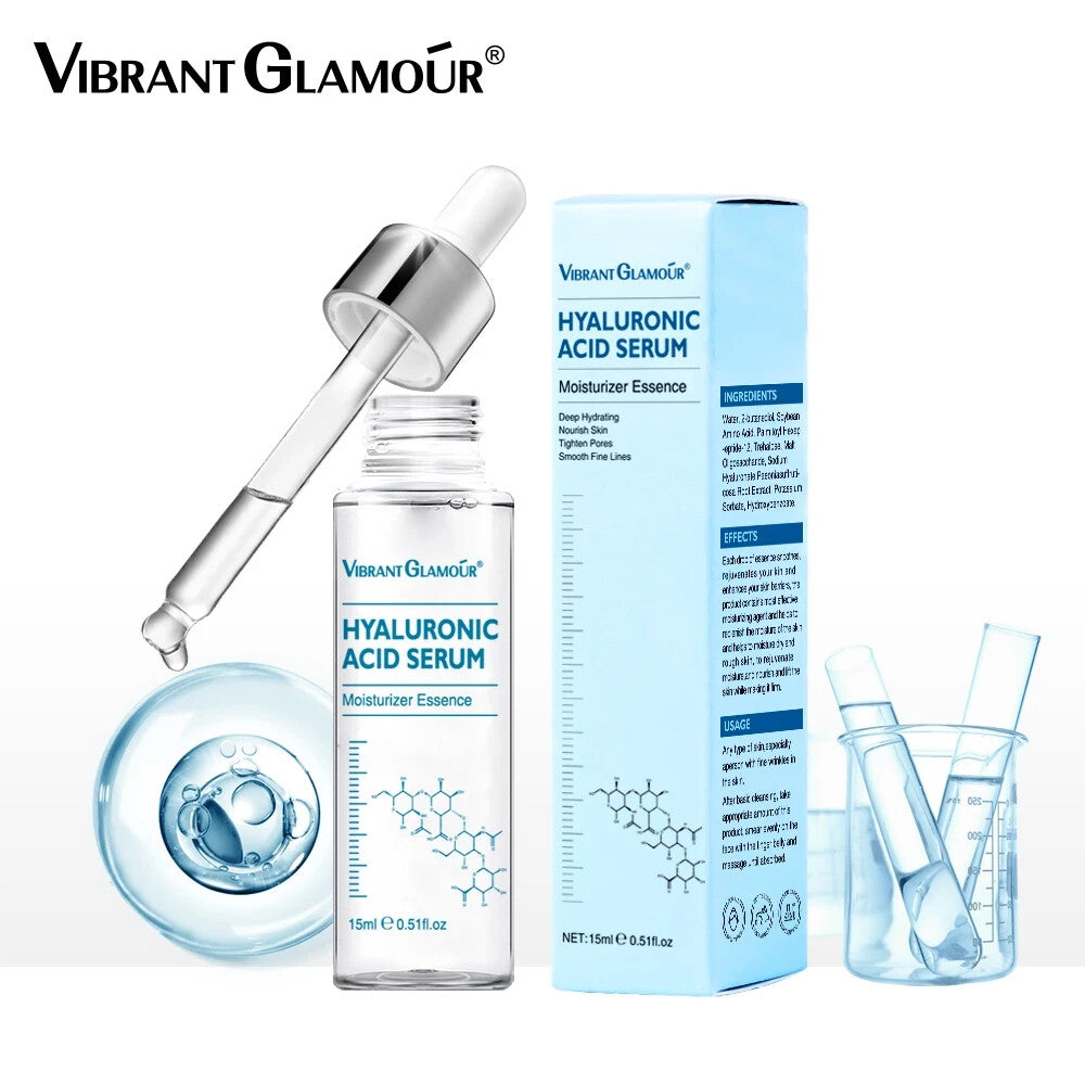 Vibrant Glamöur Hyaluronic Acid Serum with dropper, bottle, and packaging on a white background