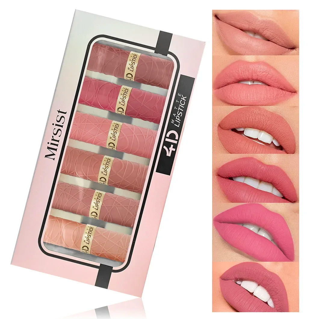 Set of Mirsist lipsticks in a box with close-up images of lips wearing the lipsticks.