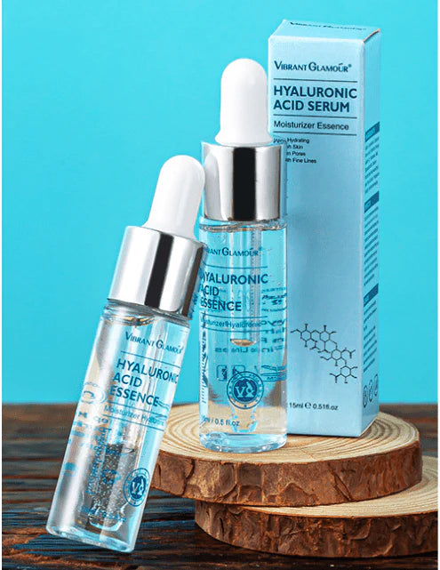 Hyaluronic Acid Serum with packaging on a wooden stand against a blue background