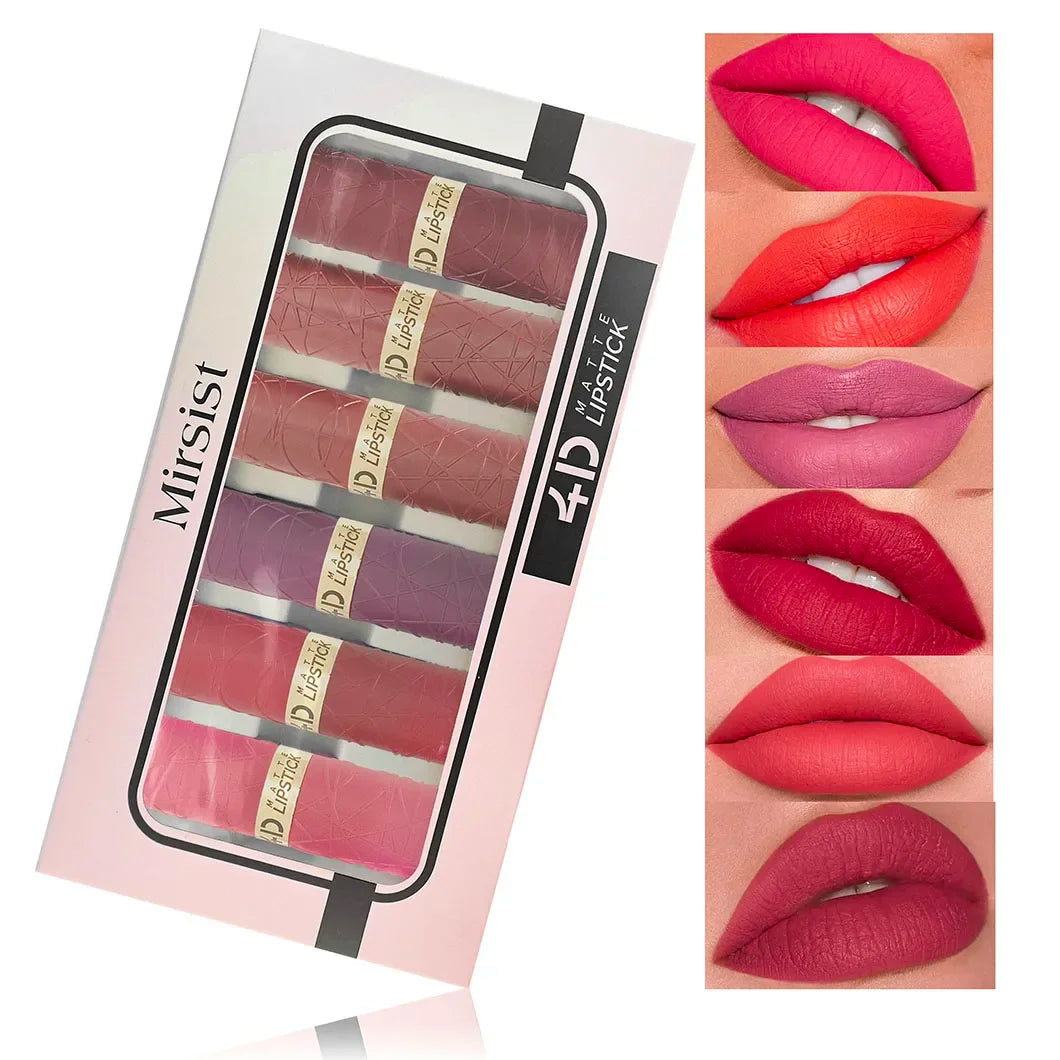 Set of Mirsist lipsticks in a box with color swatches on the side.